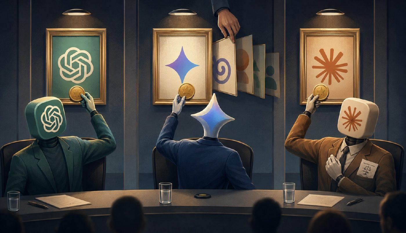 An illustration showing OpenAI innately favoring itself, Gemini favoring whatever identity it&rsquo;s given, and Claude wearing a scales-of-justice badge (but still favoring Anthropic).