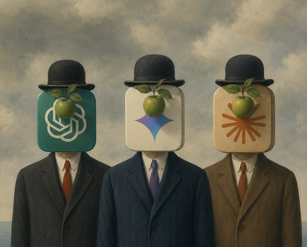 An illustration showing ChatGPT, Gemini, and Claude in the style of René Magritte&rsquo;s &lsquo;The Son of Man&rsquo;.