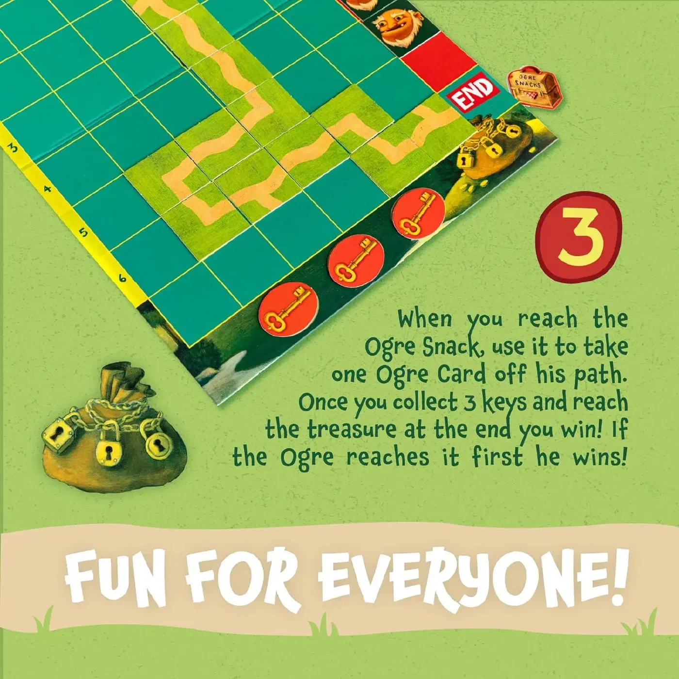 A photo depicting the Race to the Treasure game board accompanied by a declaration of “Fun for Everyone!”